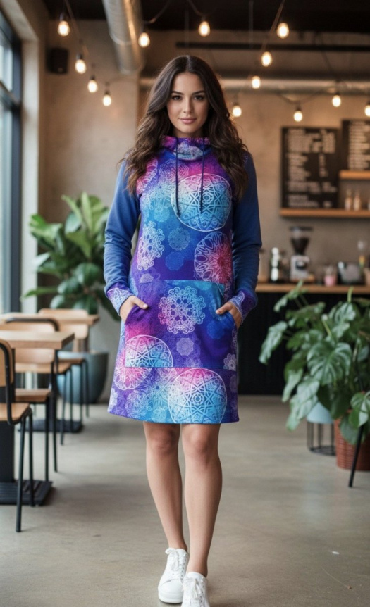 Dámská mikino-tunika s kapucí - modro-fialové mandaly (teplákovina)