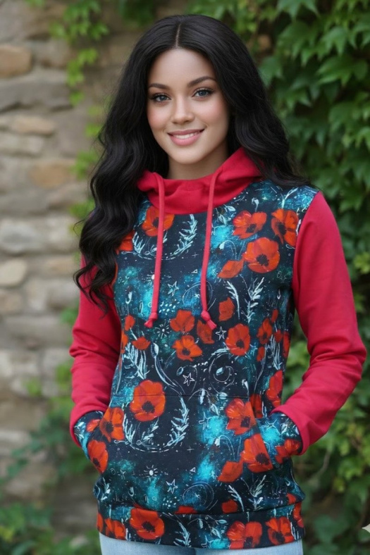 Dámská designová mikina s funkční kapucí - vlčí máky (teplákovina)