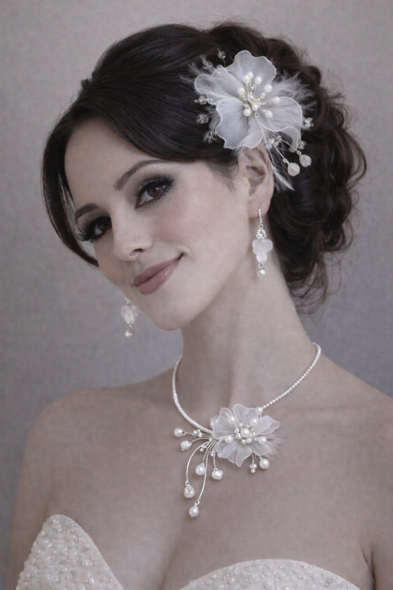 Luxusní bílý svatební set – náhrdelník, náušnice a ozdoba do vlasů | Ruční výroba