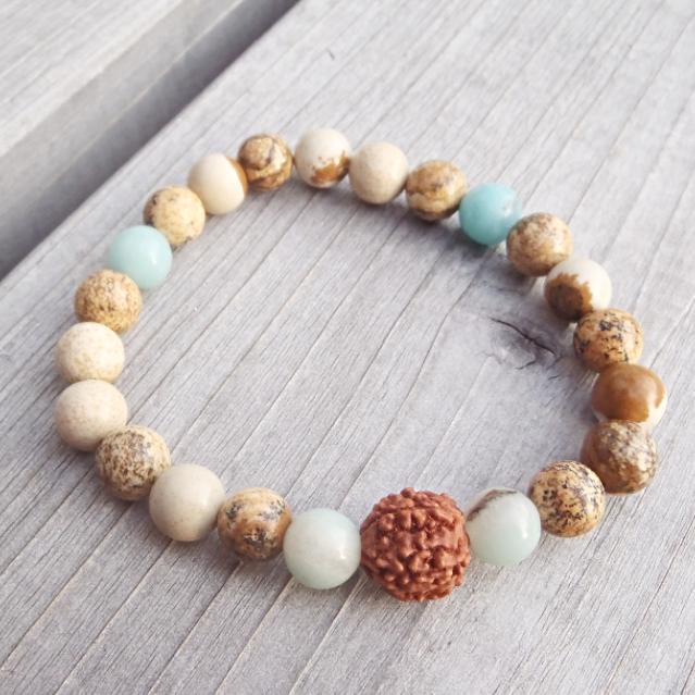 jaspis obrázkový, amazonit, rudraksha