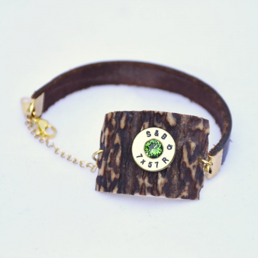 Náramek s nábojnicí, parožím, z kůže a chirurgické oceli, kámen Swarovski