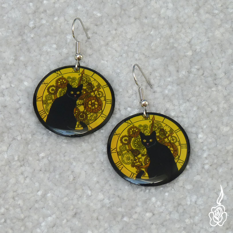 Náušnice steampunk kočka - žlutá