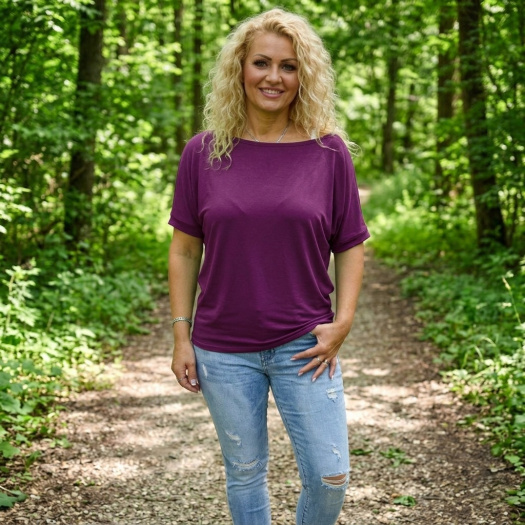 Tričko s širokým lodičkovým výstřihem - ostružinová barva (viskóza) 