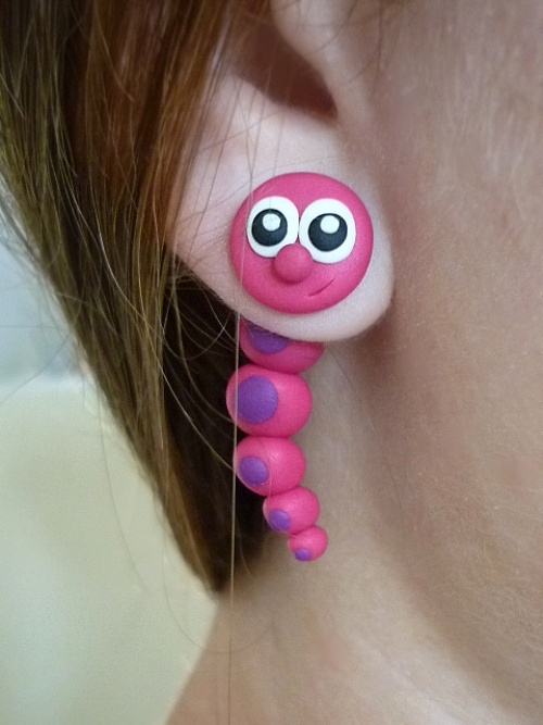 Růžové housenky - fimo náušnice skrz ucho - 1pár