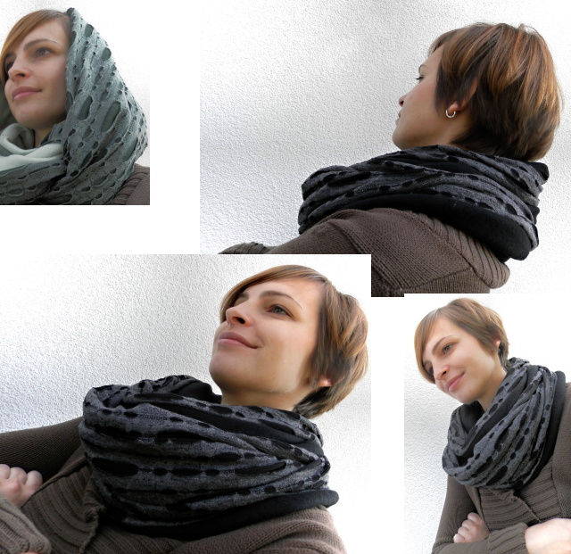 zimní šál z fleecu černo šedá