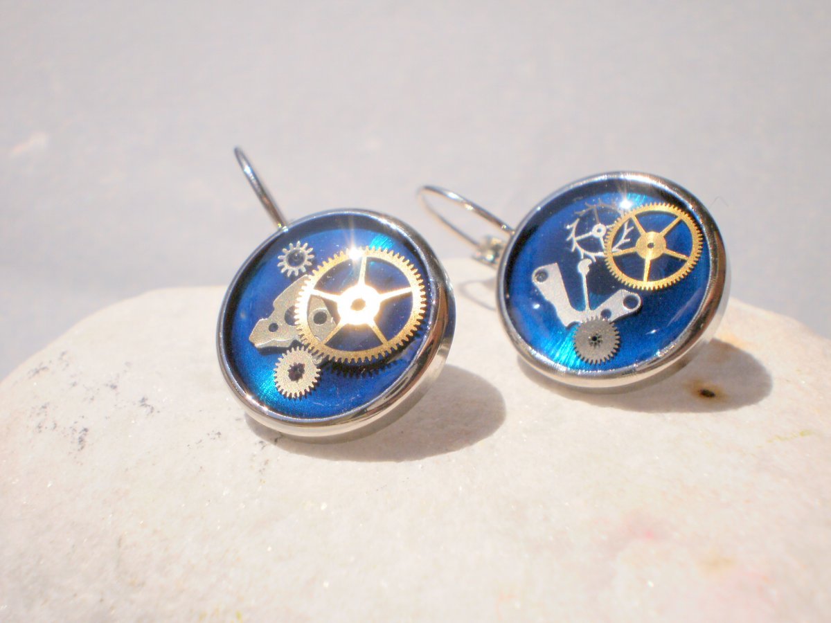 Modré steampunkové náušnice - chirurgická ocel