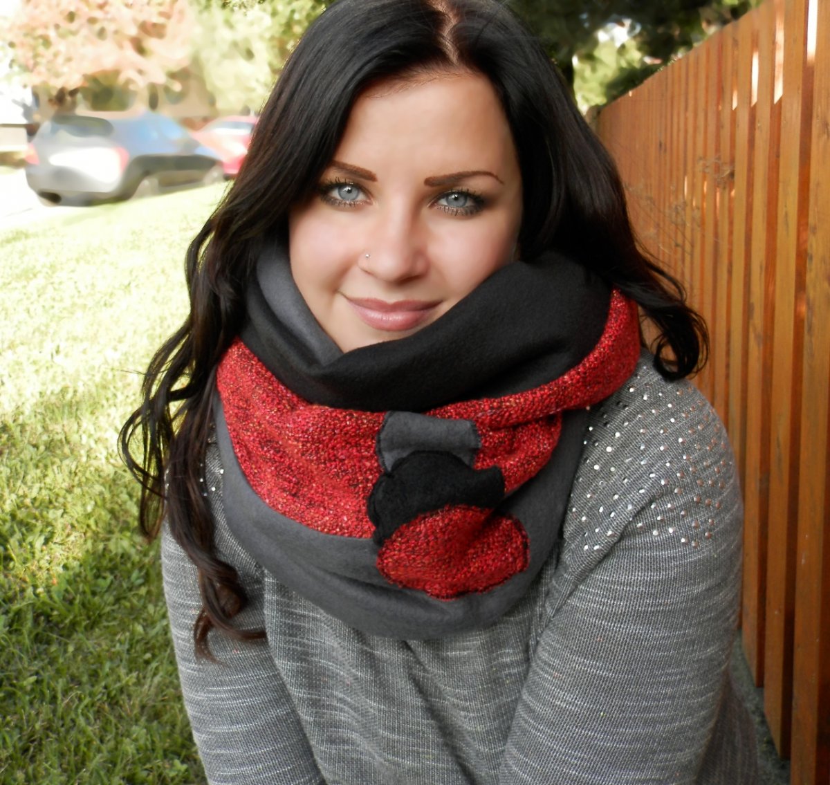 nákrčník dětský,tunel z fleesu šedo  černo červený