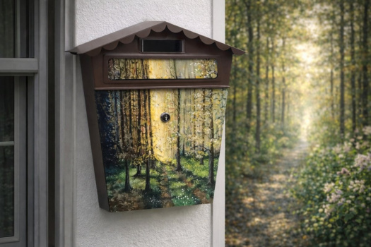 Ručně malovaná poštovní schránka s lesním motivem – originální dekorace pro dům i zahradu.
