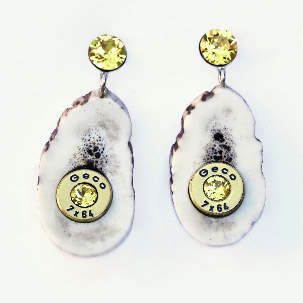 Puzetové náušnice z nábojnic, paroží, chirurgická ocel, Swarovski