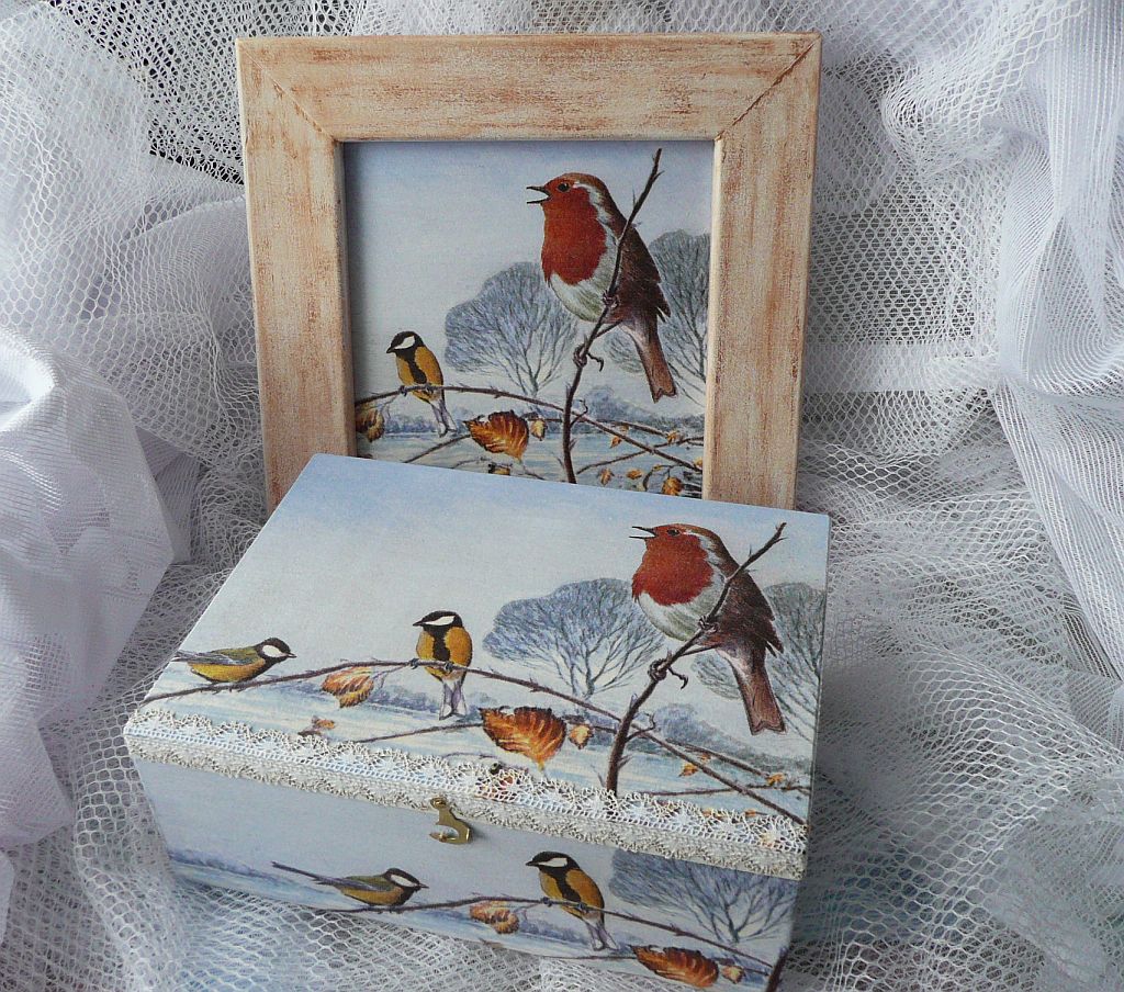 Ptačí zátiší.. ( sada- obrázek a dřevěná krabnička)