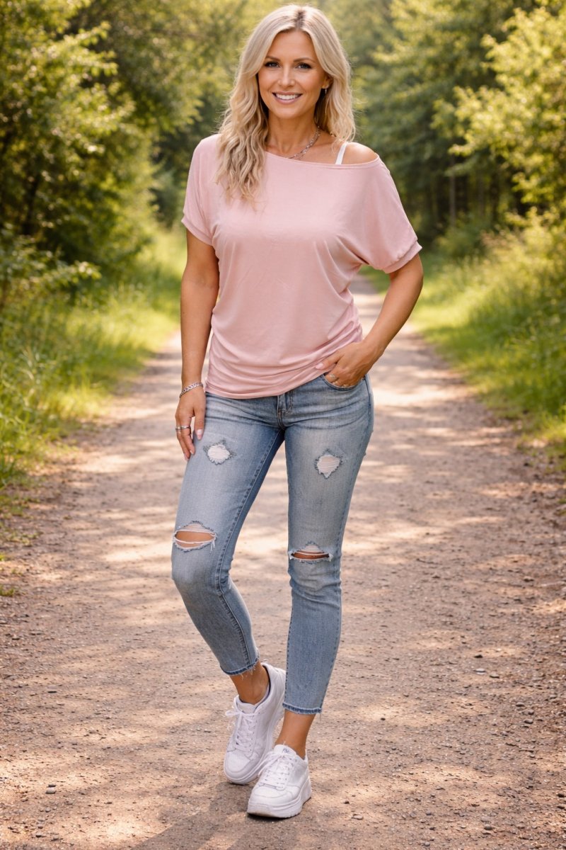 Tričko s širokým lodičkovým výstřihem - pudrová barva (viskóza) 