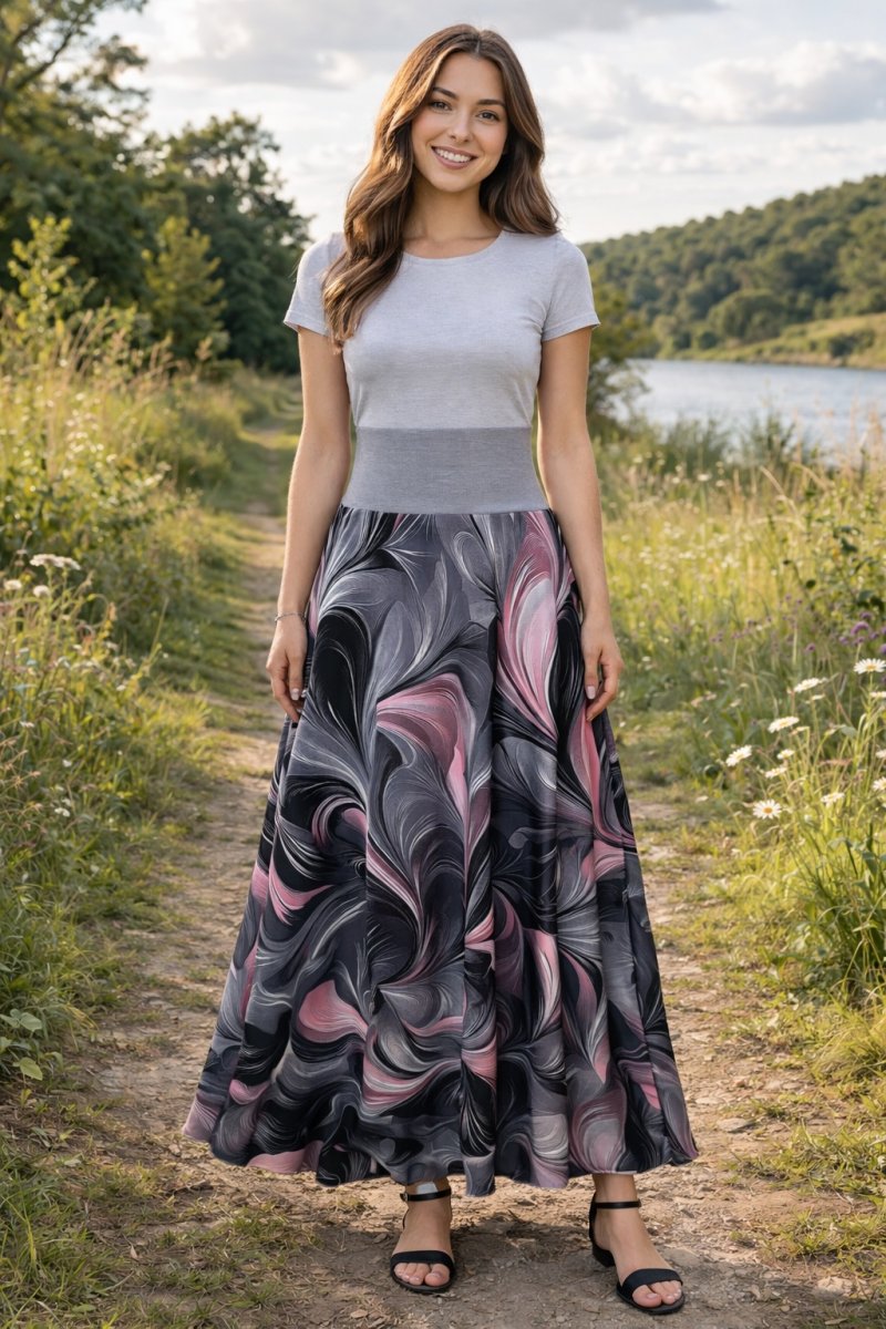 Dlouhá půlkolová sukně - šedorůžové vlnění