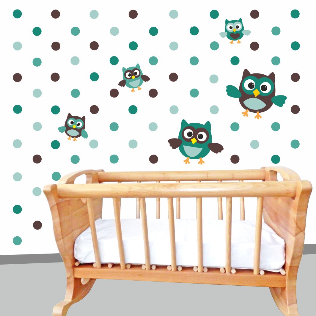 sovy a puntíky - tyrkys hnědá - samolepka