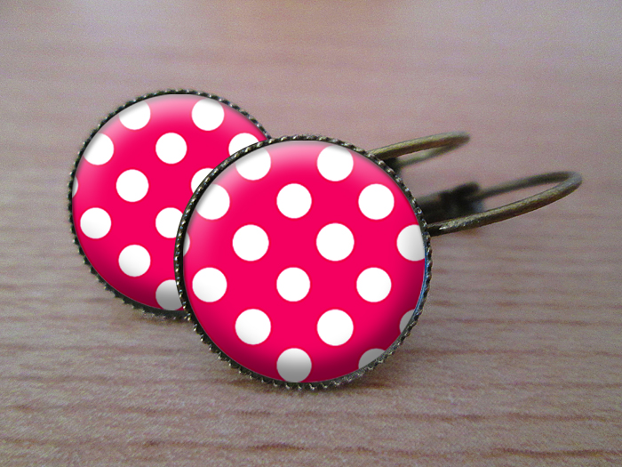 VINTAGE VISACÍ NÁUŠNICE - růžová a puntíčky