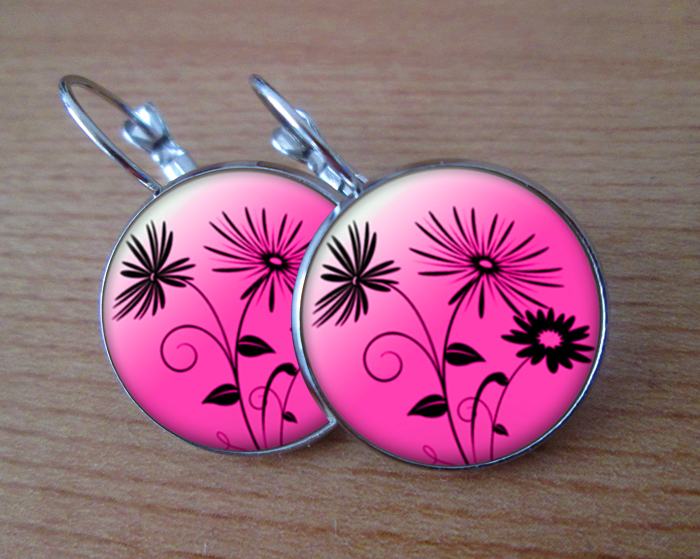 Růžové s květinkou -  Visací náušnice