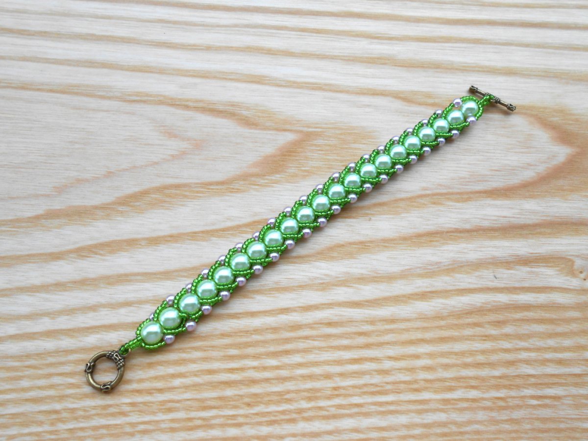  Náramek šitý zelená + růžová (56-17)