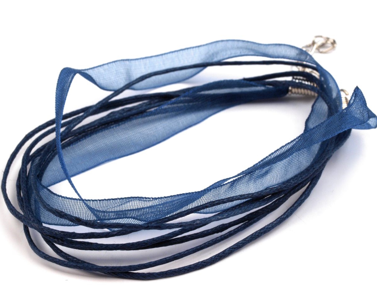 Víceřadá bavlněná šňůra se stuhou 45cm - tm. modrá