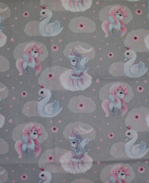 Bavlněná látka - metráž - jednorožec s labutí - š. 160 cm