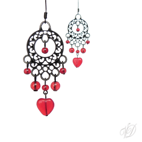 Náušnice - Orient černé s červeným srdcem (0190)