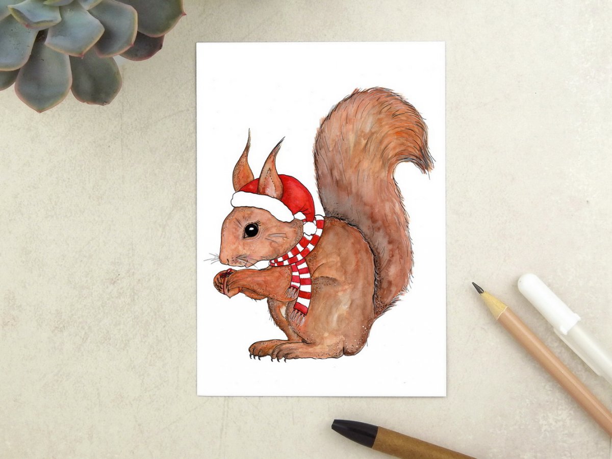 Pohlednice vánoční/zimní s veverkou