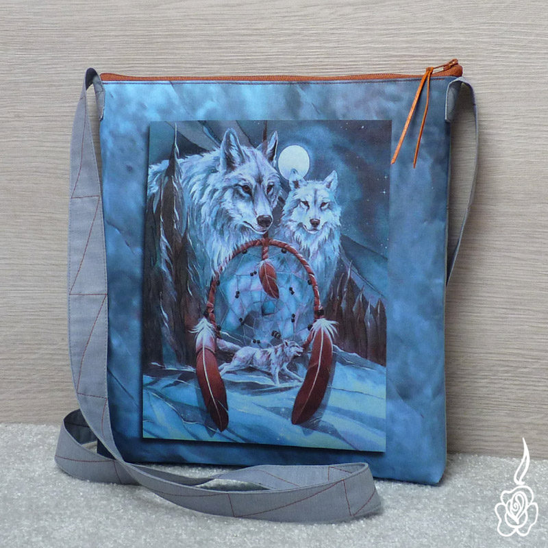 Taška s vlky a lapačem snů - šedomodrá