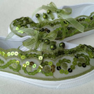 Tenisky bílé zelené letní plátěné krajkové