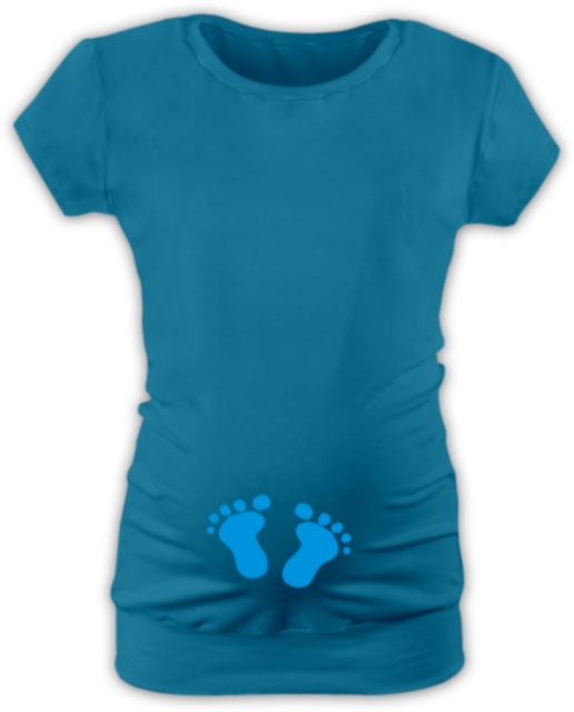 těhotenské TRIČKO tmavý tyrkys s výšivkou NOŽIČKY, modrá