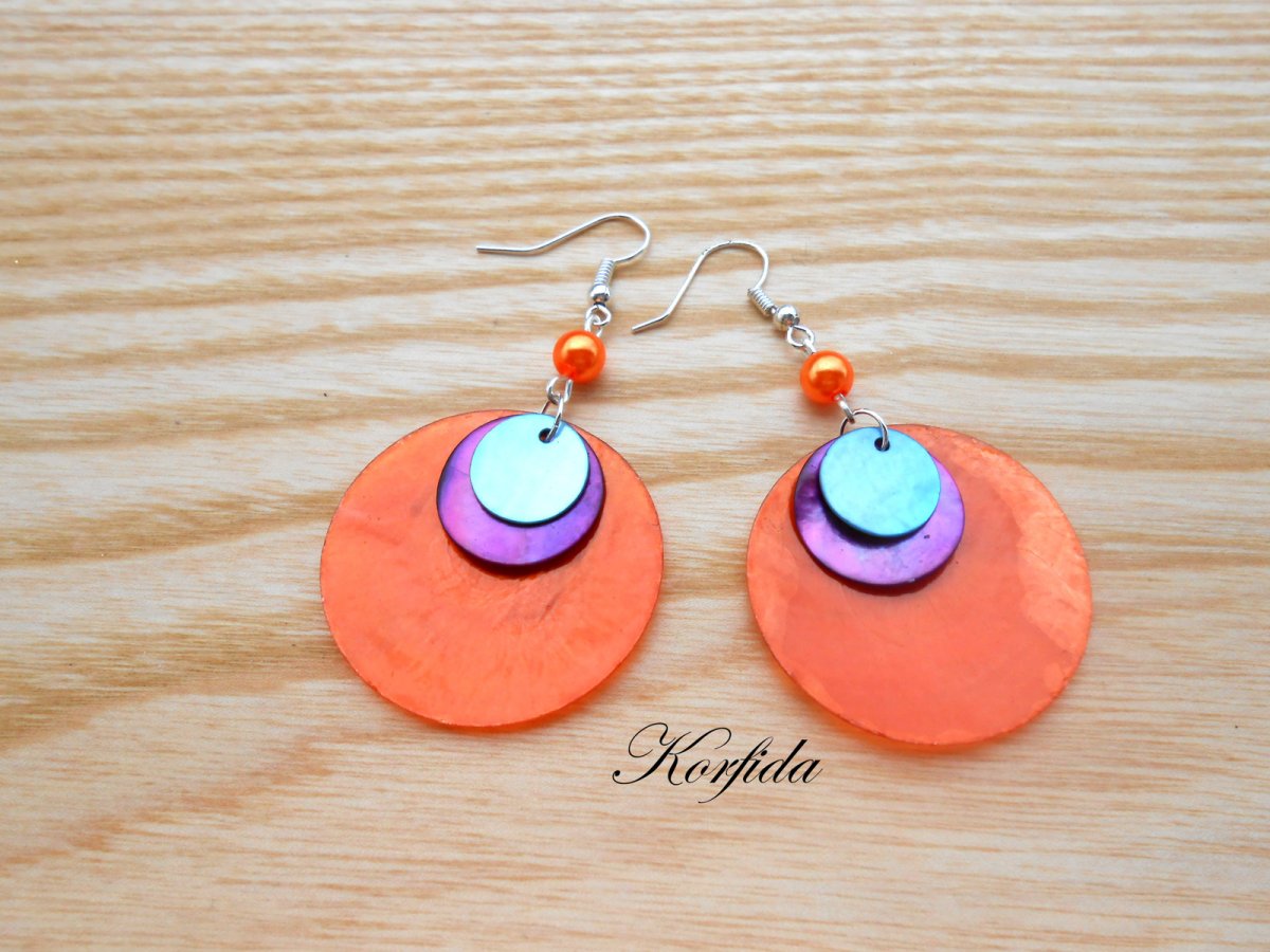Náušnice perleť oranžová+fialová+modrá