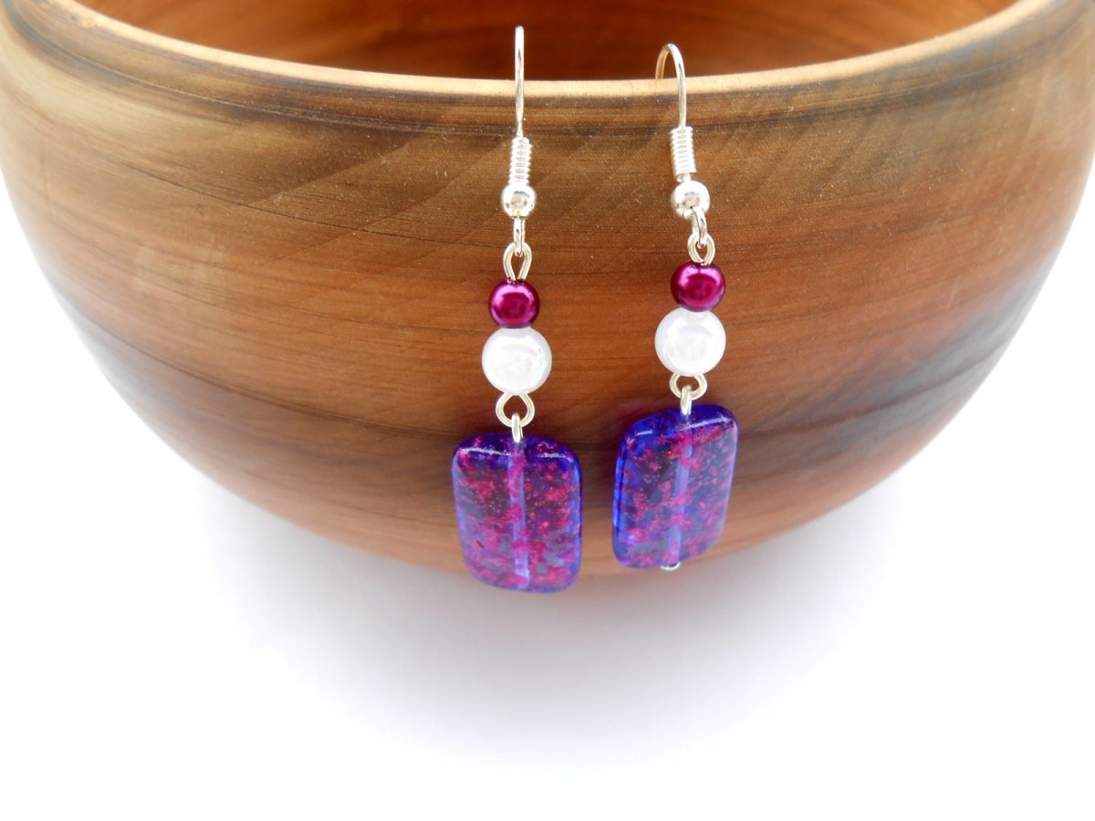 Náušnice fialové obdelníčky a bílá (31/16)