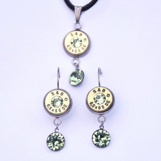 Náušnice a přívěsek z nábojnic, chirurgická ocel, Swarovski