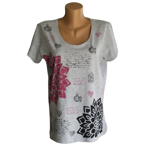 Světle šedé tričko růžovo černé květy