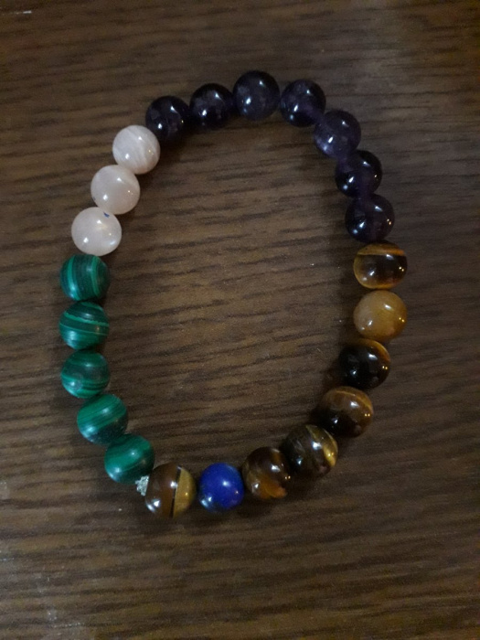náramek fluorit, malachit, tygří oko, sluneční kámen  8 mm