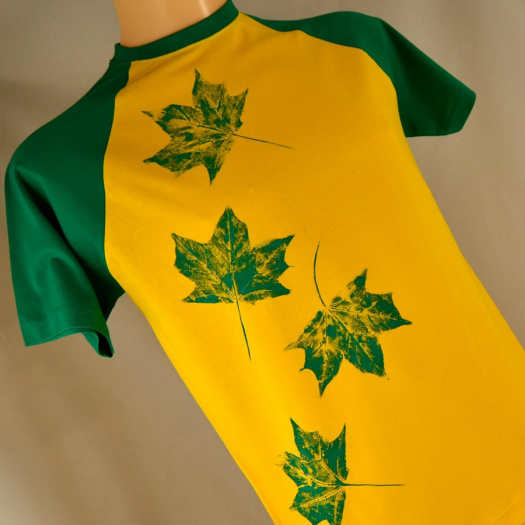 Žluto-zelené batikované triko s listy M