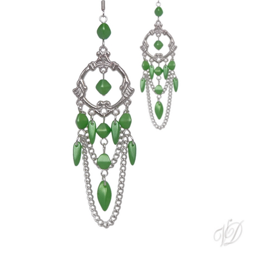 Orientální náušnice 0539 - Orient stříbrné zelené s řetízkem - SLEVA