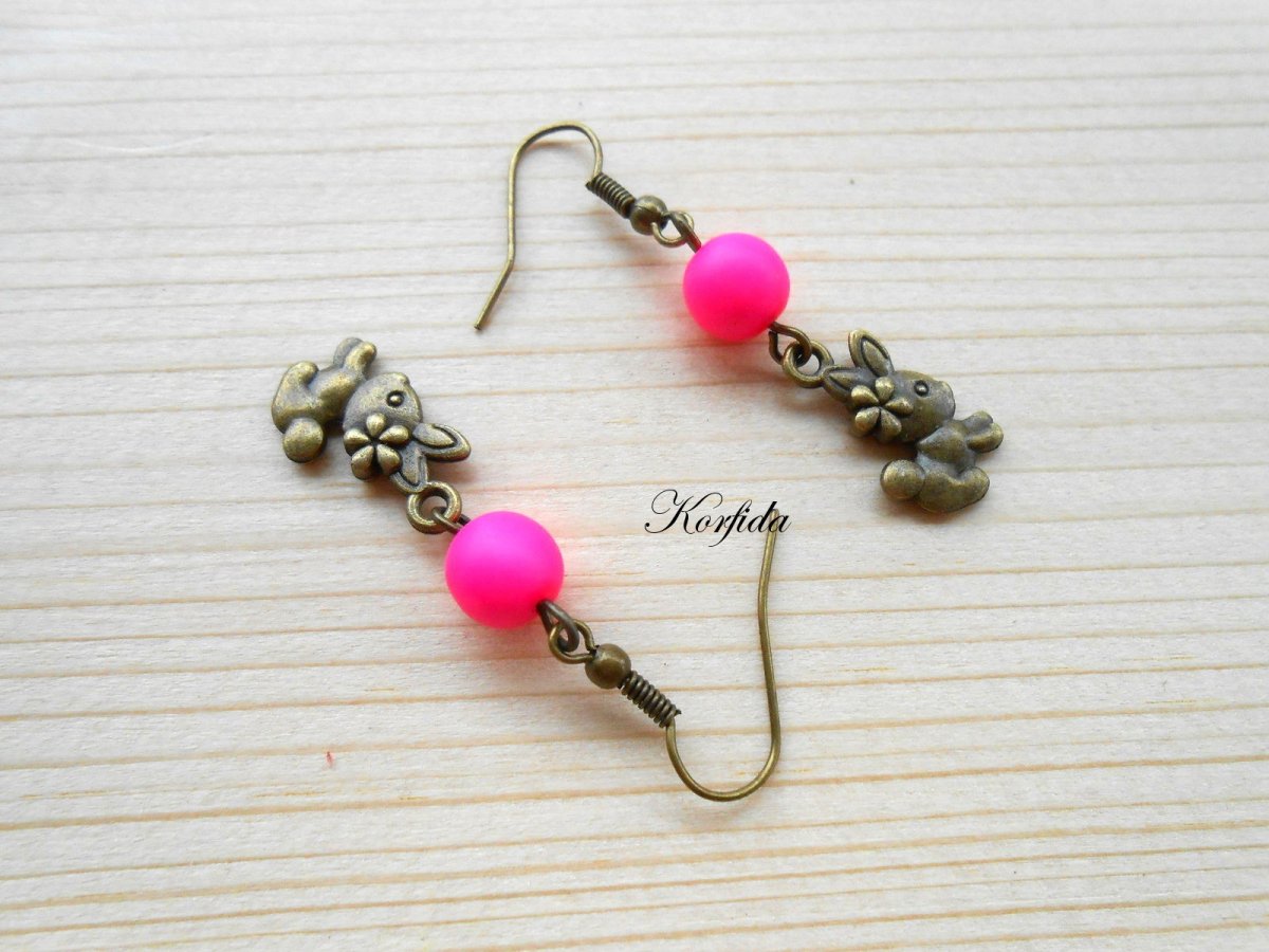 Náušnice zajíčci + růžová neonka (41/17)