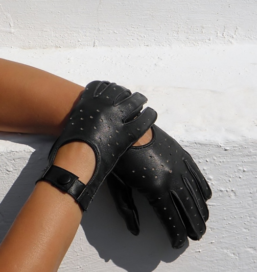 Černé dámské kožené rukavice, šoferky - celoroční
